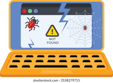 A colorful vector illustration of a broken laptop displaying an error screen with bugs, cobwebs, and a "Not Found" warning symbol. This image is perfect for representing website errors.