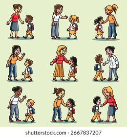 Colorful vector illustration bundle of teachers warmly welcoming school children on International Knowledge Day and back to school event. Set of greeting students celebrating school beginning.