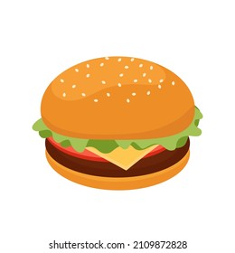 Colorful vector illustration of burger with cutlet, cheese and vegetables.