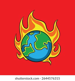 A colorful vector illustration of a burning Earth symbolizing global warming, climate crisis, or environmental damage. Ideal for use in eco-awareness campaigns, environmental infographics, and sustain