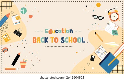 A colorful vector illustration capturing back to school themes with educational stationery and tools, perfect for school-related designs.