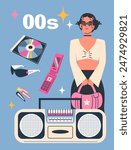 Colorful vector illustration capturing the essence of Y2K fashion, featuring a stylized woman with iconic accessories such as a flip phone, boombox, and CD, set against a playful 