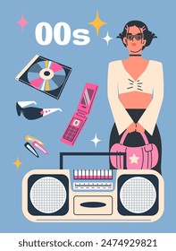 Colorful vector illustration capturing the essence of Y2K fashion, featuring a stylized woman with iconic accessories such as a flip phone, boombox, and CD, set against a playful '00s backdrop