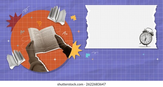 A colorful Vector illustration capturing the essence of back to school, featuring books, a clock, and materials for effective learning.
