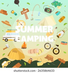 A colorful vector illustration capturing the essence of summer camping activities, featuring tents, campfire, and recreational gear.