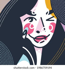 Colorful vector illustration, card, print of a beautiful stylish lady. Trendy colors, flat style. Pop art.