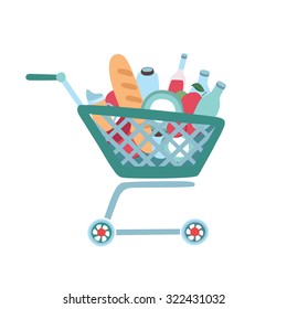 Colorful vector illustration of cart  with different grocery and food product isolated o white background