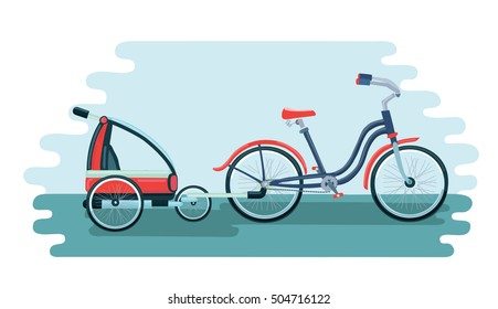 Colorful vector illustration cartoon of bike trailers for kids and babiest and bicycle.