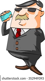 Colorful vector illustration of a cartoon business man, talking on a smart phone.