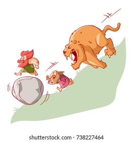 Colorful vector illustration of cartoon cavement, running from a sabertooth tiger, inventing the wheel in the process