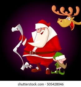 Colorful vector illustration of cartoon Christmas characters. Santa Claus holding a children list, Elf and a deer peeking from the edge of the screen