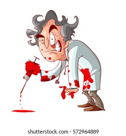 Colorful vector illustration of a cartoon crazy doctor, holding a bloody needle, and blood stains on his hands and clothes.