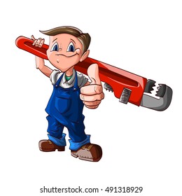 Colorful vector illustration of a cartoon cute plumber boy, with a huge wrench on his shoulder, blue jumpsuit and white shirt