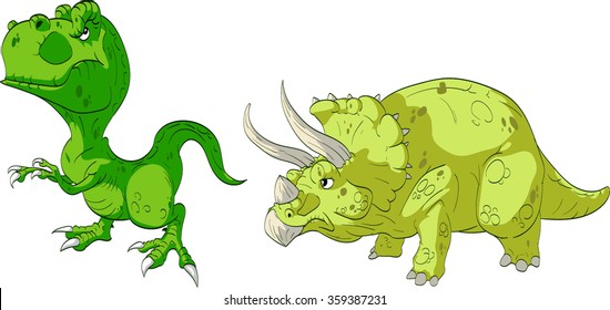 Colorful vector illustration of cartoon dinosaurs. Carnivore T-Rex or Tyrannosaurus Rex and Herbivore Triceratops.