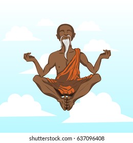 Colorful vector illustration of cartoon elderly dark skinned monk with white beard, wearing orange robes, meditating, floating among clouds in blue sky.