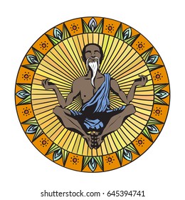Colorful vector illustration of cartoon elderly dark skinned monk with white beard, wearing blue robes, meditating. Circle of yellow rays and round decorative border with flowers and leaves.