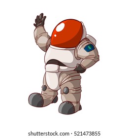 Colorful vector illustration of a cartoon expedition member, astronaut or a cosmonaut in suit on mars or in space.