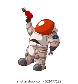 Colorful vector illustration of a cartoon expedition member, astronaut or a cosmonaut in suit on mars or in space.