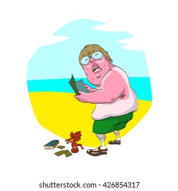 Colorful vector illustration of a cartoon fat nerd on the beach, with uneven tan, glasses, socks and sandals. Holding a magazine and having collectable cards, figure and a fantasy book.