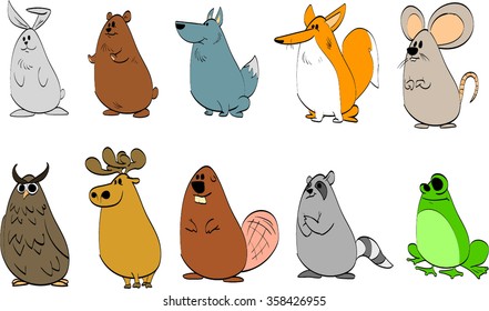 Colorful vector illustration of cartoon forest animals. Rabbit, bear, wolf, fox, mouse, owl, deer, beaver, raccoon and a frog.