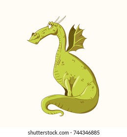 Colorful vector illustration of a cartoon green dragon, happy and smiling.