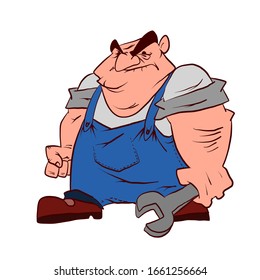 Colorful vector illustration of a cartoon grumpy plummer, technician or mechanic