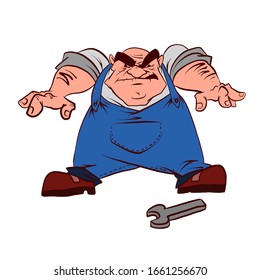 Colorful vector illustration of a cartoon grumpy plummer, technician or mechanic