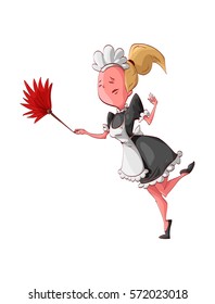 Colorful vector illustration of a cartoon happy maid cleaning and dancing