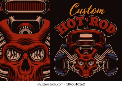 A colorful vector illustration of a cartoon hot rod with a skull, this design can be used as shirt print.