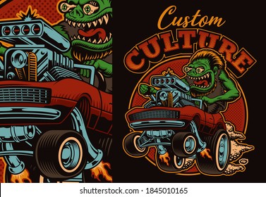 A colorful vector illustration of a cartoon hot rod, this design is perfect as a shirt print.