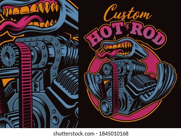 A colorful vector illustration of a cartoon hot rod engine, this design can be used as a shirt print as well as for many other uses.