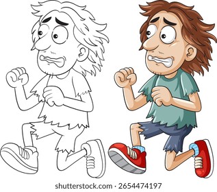 Ilustração vetorial colorida de um homem de desenho animado correndo em medo, com uma versão de esboço ao lado dele. Estilo dinâmico e expressivo