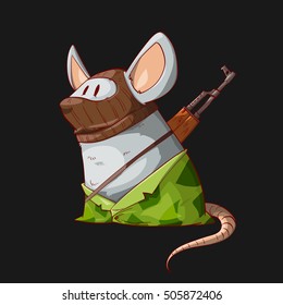 Colorful vector illustration of a cartoon mouse or rat terrorist, wearing a mask, camouflage clothes and armed with an assault rifle