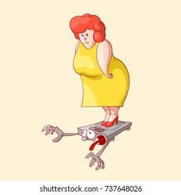 Colorful vector illustration of a cartoon overweight lady on a scale