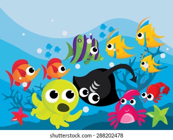 Colorful vector illustration cartoon sea creatures in underwater scene.