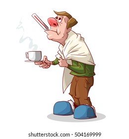 Colorful vector illustration of a cartoon sick man with red nose, having a cold or a flu, with a blanket, holding a glass of hot tea or medicine in his hand and a thermometer in his mouth.