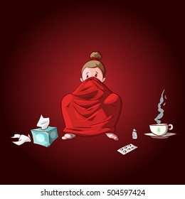 Colorful vector illustration of a cartoon sick girl, covered with blanket, having hot tea or medicine and used tissues and pills.