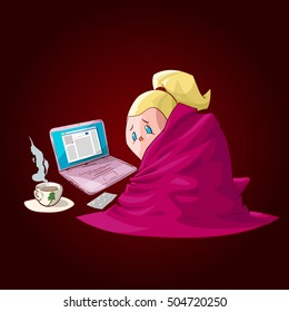 Colorful vector illustration of a cartoon sick girl, covered with blanket, having hot tea or medicine, chilling infront of a laptop, checking the social media.