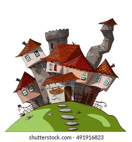 Colorful vector illustration of a cartoon small medieval / fantasy village 