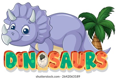 Colorful vector illustration of a cartoon triceratops with a palm tree. Bright, engaging design suitable for educational materials