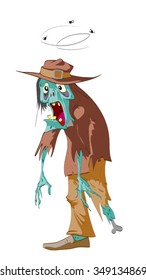 A colorful vector illustration of a cartoon undead zombie wearing a brown suit.