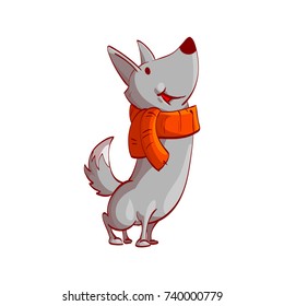 Colorful vector illustration of a cartoon vector wolf with red scarf, smiling, looking up.