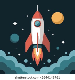 A colorful vector illustration of a cartoon-style rocket blasting off into space, surrounded by stars, planets, and clouds. 