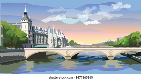 Colorful vector Illustration of The castle of Conciergerie, landmark of Paris, France. Panoramic  cityscape with Conciergerie. Colorful vector illustration of Conciergerie.