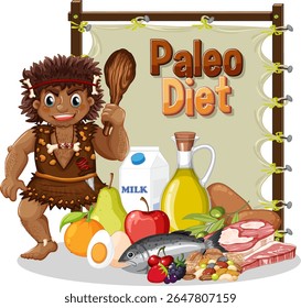 Ilustração vetorial colorida de um homem das cavernas com vários alimentos paleo dieta. Inclui frutas, legumes e carnes em um estilo divertido