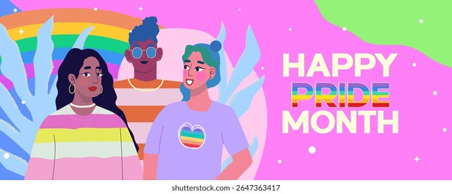 Ilustração colorida com vetor celebrando o Mês do Orgulho com amigos mostrando amor, aceitação e diversidade.