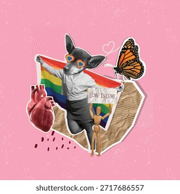 Ilustração colorida em vetor celebrando o orgulho através de símbolos de amor, identidade e interconectividade na comunidade LGBTQ+.