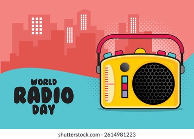 Colorful vector illustration celebrating World Radio Day with a retro yellow radio, cityscape background, and bold typography. Perfect for broadcasting, communication, or celebration themes