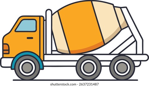 Colorful vector illustration of a cement mixer truck in side view with orange drum and white cab. Perfect for construction, transport, industrial design, or building-related graphics and icons.