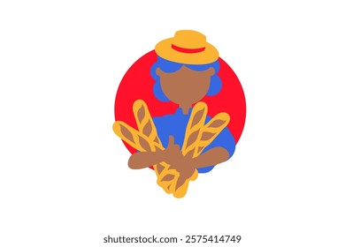 Colorful vector illustration of a character in a hat and with traditional french bakery in a flat cartoon style. A french bread festival, rich baking heritage, a sample from top bakeries, a bread-maki